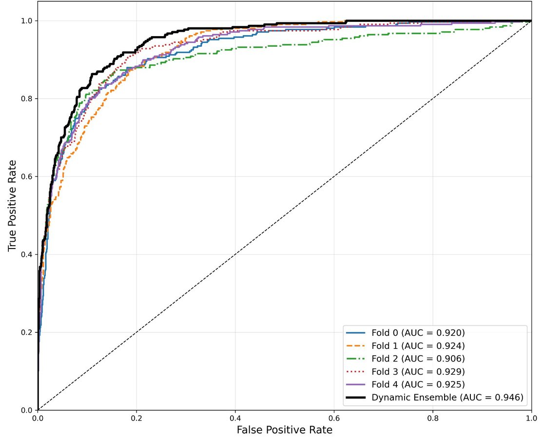 ROC curves, true positive rate against false positive rate, on the outside images. The averaged model’s curve, AUC 0.946, lies above those of the five fold models, whose AUCs run from 0.906 to 0.929.